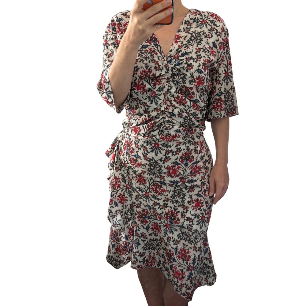Isabel Marant Arodie Floral Silk Ruched Asymmetrical Dress Size 38 Red White